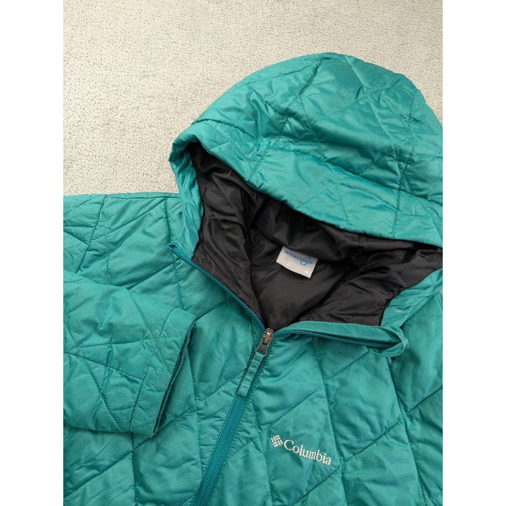 Columbia Interchange Womens XL Teal Green Quilted Hooded Puffer Jacket Full Zip